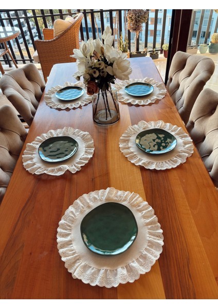 Natürel Ham Keten Fisto Fırfırlı Supla Takımı Amerikan Servis 6 Adet