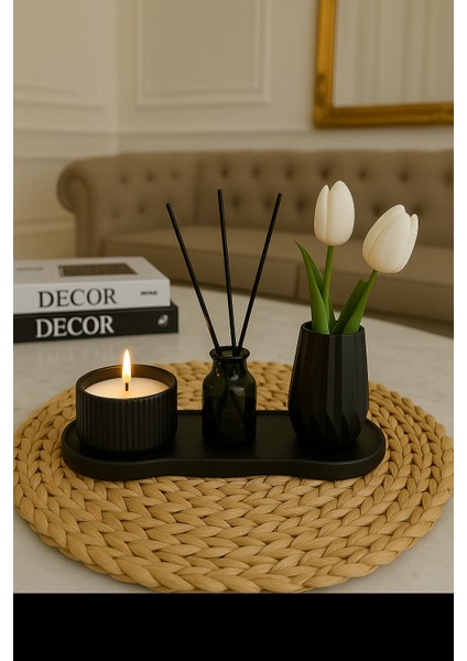 4'lü Set - Kokulu Mum, Oda Kokusu, Vazo ve Sunum Altlıklı Şık Dekoratif Set