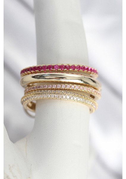 Pirinç Gold Renk Zirkon Taşlı 4'lü Kadın Yüzük