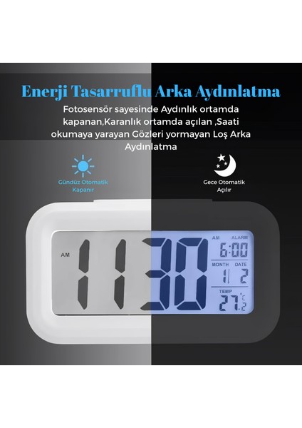 Dijital Masa Saati Fotosel Sensörlü Işıklı Alarmlı Termometreli Takvimli Çalar Saat-Siyah fiyatları