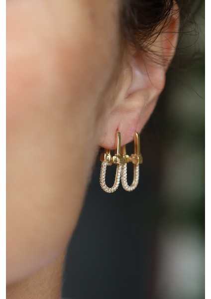 14 Ayar Altın Taş Detaylı Bisiklet Zincir Küpe