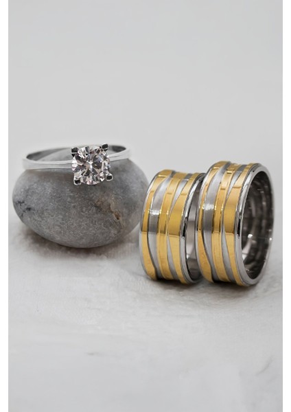 Düz Şeritli Altın Renk Geçişli Çift Gümüş Alyans (Tektaş Hediyeli)