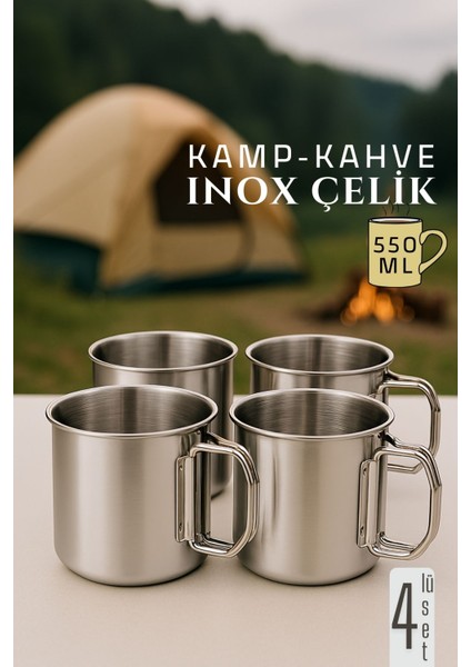 Inox Çelik Kamp Kupası - Kamp Bardağı 550 ml 4 Lü Set 722049