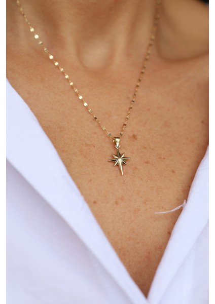 14 Ayar Altın Bombeli Yuvarlak Kenar Detaylı Kutup Yıldızı Kolye Ucu