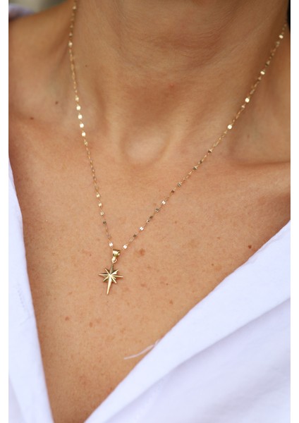 14 Ayar Altın Bombeli Yuvarlak Kenar Detaylı Kutup Yıldızı Kolye Ucu modelleri