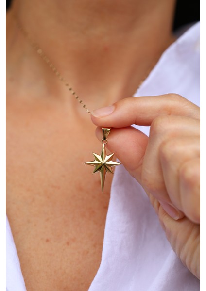 14 Ayar Altın Bombeli Yuvarlak Kenar Detaylı Kutup Yıldızı Kolye Ucu-3