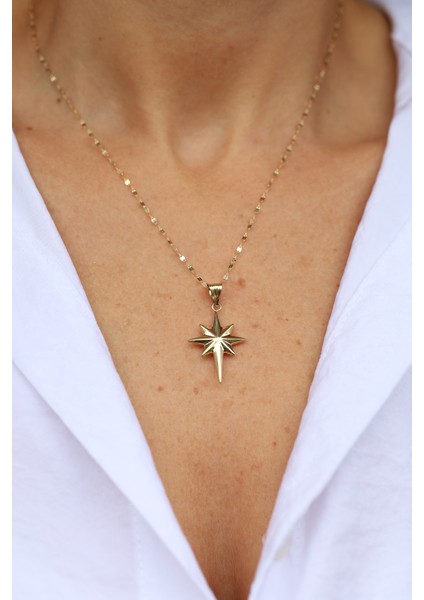 14 Ayar Altın Bombeli Yuvarlak Kenar Detaylı Kutup Yıldızı Kolye Ucu-3 modelleri