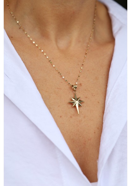 14 Ayar Altın Bombeli Yuvarlak Kenar Detaylı Kutup Yıldızı Kolye Ucu-3 indirimleri