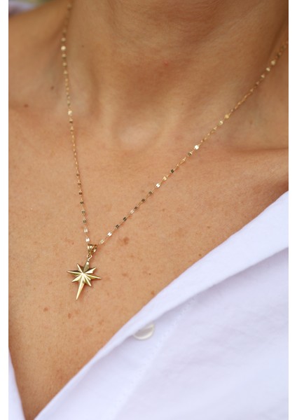 14 Ayar Altın Bombeli Yuvarlak Kenar Detaylı Kutup Yıldızı Kolye Ucu-2 modelleri