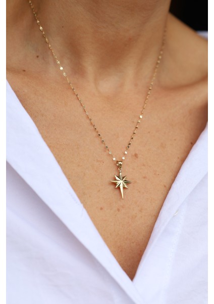 14 Ayar Altın Bombeli Yuvarlak Kenar Detaylı Kutup Yıldızı Kolye Ucu-2 indirimleri