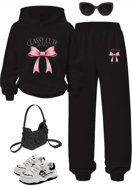 Büyük Beden Özel Üretim Kapüşonlu Pembe Kurdele Baskılı Kışlık Modern Kadın Eşofman Takımı