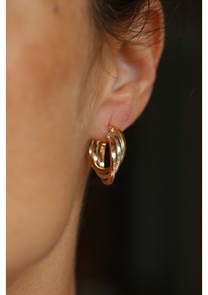 14 Ayar Altın Iç Içe Kalın Halkalar Sarmalı Üç Renk Küpe