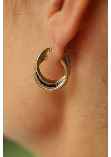 14 Ayar Altın Iç Içe Kalın Halkalar Sarmalı Üç Renk Küpe modelleri