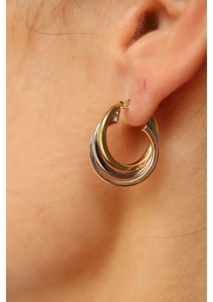 14 Ayar Altın Iç Içe Kalın Halkalar Sarmalı Üç Renk Küpe indirimleri