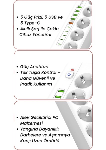 Pro P13 3000W Akım Korumalı 5 Girişli Type-C ve USB Girişli Uzatmalı Grup Priz fiyatları