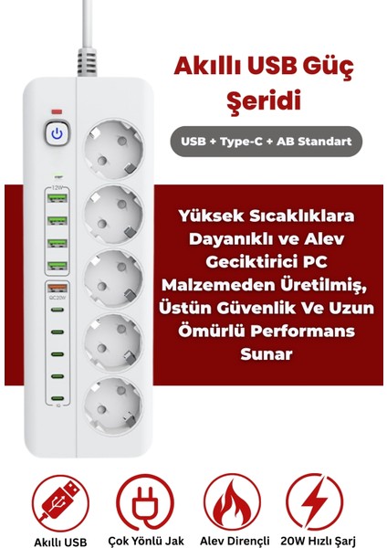 Pro P13 3000W Akım Korumalı 5 Girişli Type-C ve USB Girişli Uzatmalı Grup Priz