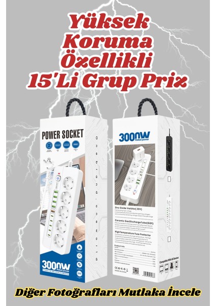 Pro P13 3000W Akım Korumalı 5 Girişli Type-C ve USB Girişli Uzatmalı Grup Priz
