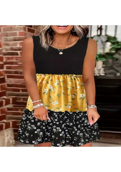 Kadın Askılı Yuvarlak Yaka Çiçek Baskılı Salaş Süprem Elbise