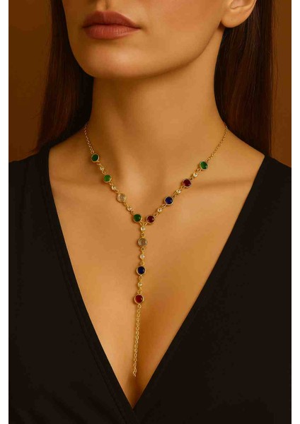 Renkli Taşlı Zarif Kadın Y Kolye