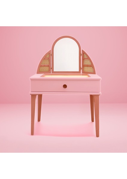 Çocuk Makyaj Masası LED Işıklı Ahşap Tabureli Pembe