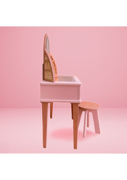 Çocuk Makyaj Masası LED Işıklı Ahşap Tabureli Pembe fırsatları