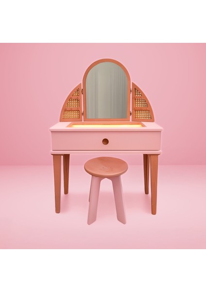 Çocuk Makyaj Masası LED Işıklı Ahşap Tabureli Pembe fiyatları