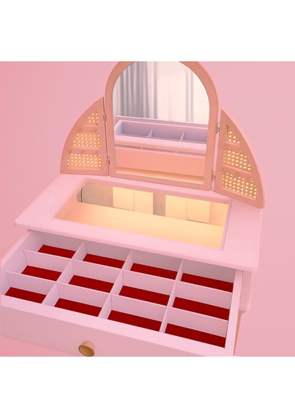 Çocuk Makyaj Masası LED Işıklı Ahşap Tabureli Pembe