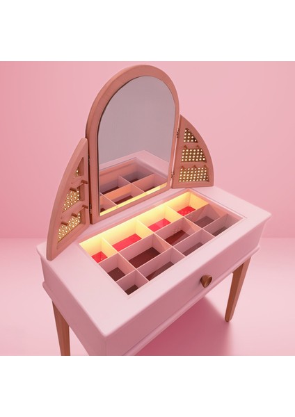 Çocuk Makyaj Masası LED Işıklı Ahşap Tabureli Pembe indirimleri