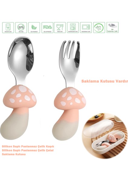 Pembe Mantar Figürlü Premium Çocuk Bpa Free Silikon Sap Paslanmaz Çelik Uçlu Çatal-Kaşık Set 9+ Ay