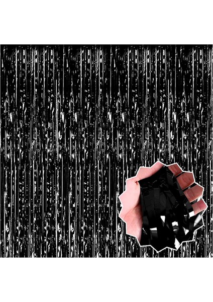 Siyah Renk Ekstra Metalize Parlak Saçaklı Arka Fon Perde İthal 1x2 Metre