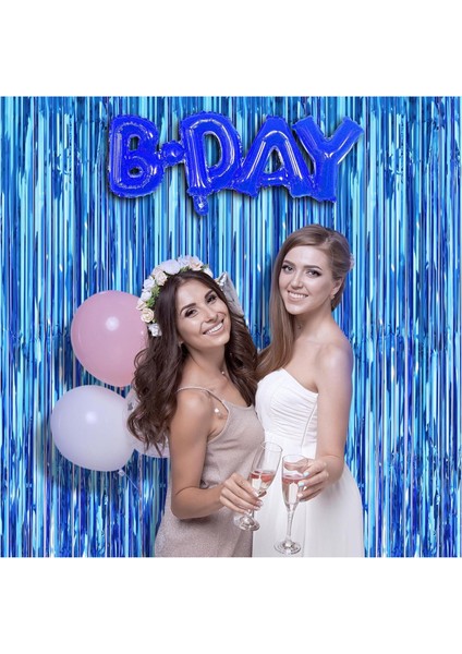 Mavi Renk Ekstra Metalize Parlak Saçaklı Arka Fon Perde İthal 1x2 Metre fiyatları