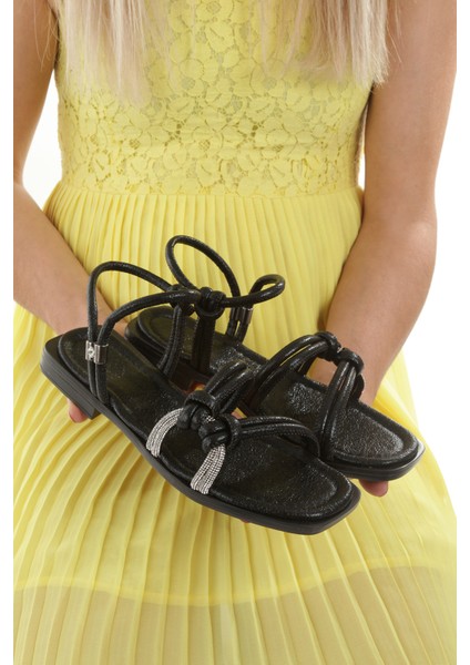 MİA026-1571 Kadın Taşlı Abiye Günlük-Düğün-Eğlence-Siyah Kırışık Rugan Tatil Sandaleti