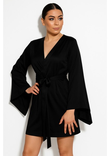 Kadın Beyaz Saten Kuşaklı Sabahlık Kimono – Geniş Kol, Zarif ve Şık fırsatları