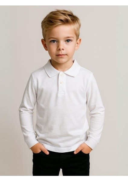 Çocuk Pamuklu Yakalı Dokulu Kumaş Uzun Kollu T-Shirt