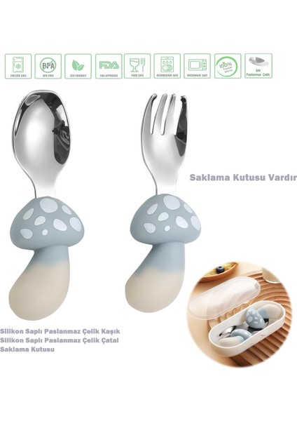 Mantar Figürlü Premium Çocuk Bpa Free Silikon Sap Paslanmaz Çelik Uçlu Çatal-Kaşık Set 9+ Ay