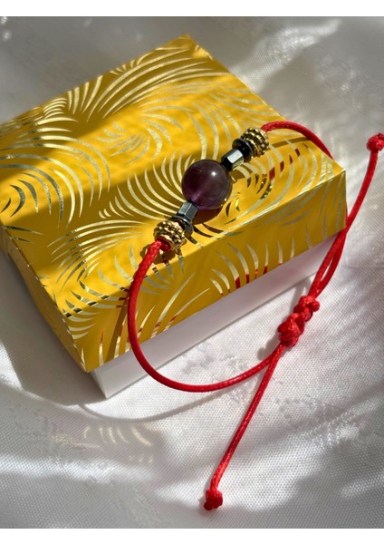 Küre Kesim Ametist Doğal Taşlı Ayarlanabilir Makrome Kadın Bileklik - Mor Kırmızı Turkuaz Ip