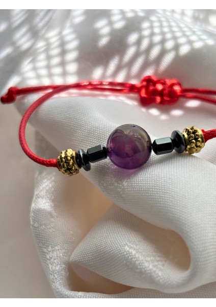 Küre Kesim Ametist Doğal Taşlı Ayarlanabilir Makrome Kadın Bileklik - Mor Kırmızı Turkuaz Ip fiyatları