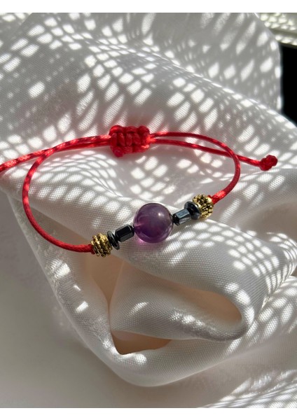 Küre Kesim Ametist Doğal Taşlı Ayarlanabilir Makrome Kadın Bileklik - Mor Kırmızı Turkuaz Ip modelleri