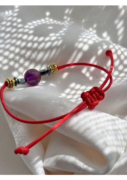 Küre Kesim Ametist Doğal Taşlı Ayarlanabilir Makrome Kadın Bileklik - Mor Kırmızı Turkuaz Ip fırsatları