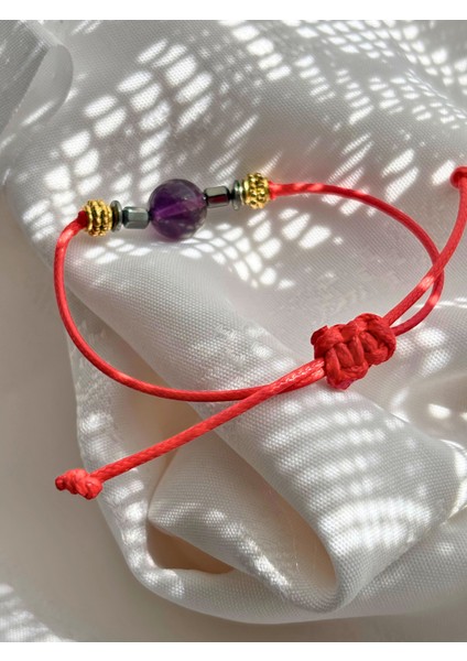 Küre Kesim Ametist Doğal Taşlı Ayarlanabilir Makrome Kadın Bileklik - Mor Kırmızı Turkuaz Ip indirimleri