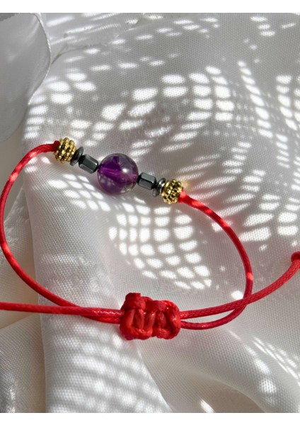 Küre Kesim Ametist Doğal Taşlı Ayarlanabilir Makrome Kadın Bileklik - Mor Kırmızı Turkuaz Ip