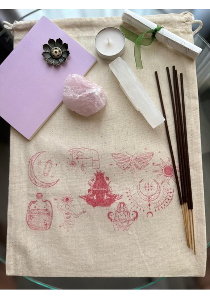 Aşk Frekansı Ritüel Seti | Pembe Kuvars & Selenit, Lotus Tütsü, Mum, Meditasyon Koleksiyon Çantası