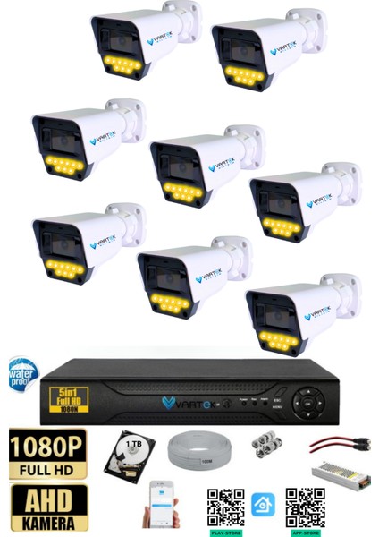 8 Kameralı Set - 1 Tb Hdd, 9 LED Gece Görüşlü Full Hd Güvenlik Kamerası Sistemi