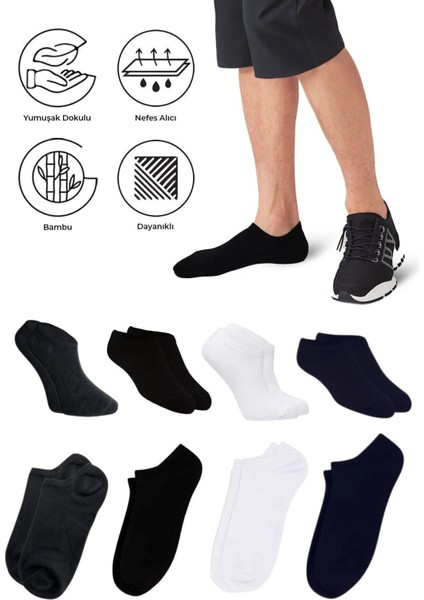 Bambu Erkek Sneaker Siyah-Beyaz-Laci-Füme Çorap Dikişsiz Görünmez Bilekte Spor Çorap Premium 4'lü