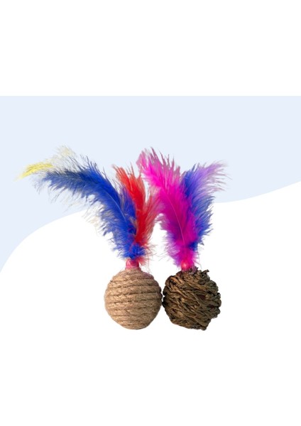 2li Hasır ve Tüylü Kedi Top Oyuncağı