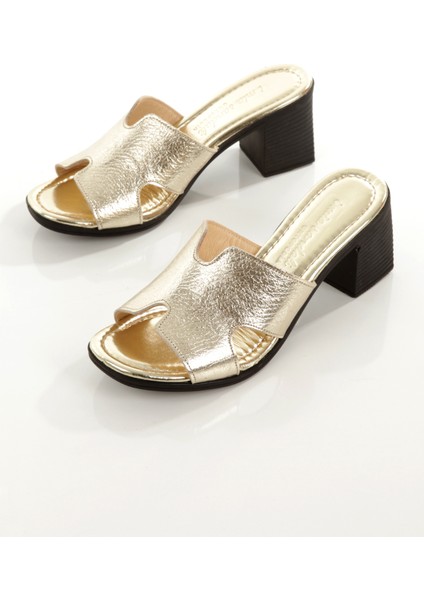 MİA100-TPK-1120 Hakiki Deri Günlük-Düğün-Eğlence-Tatil Altın Topuklu Terlik