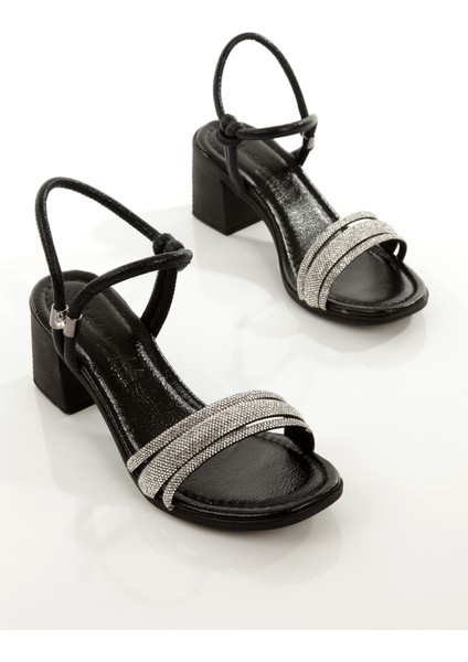 MİA100-TPK-1119 Rahat Taşlı Abiye Günlük-Düğün-Eğlence-Tatil Siyah Kırışık Rugan Topuklu Ayakkabı fırsatları