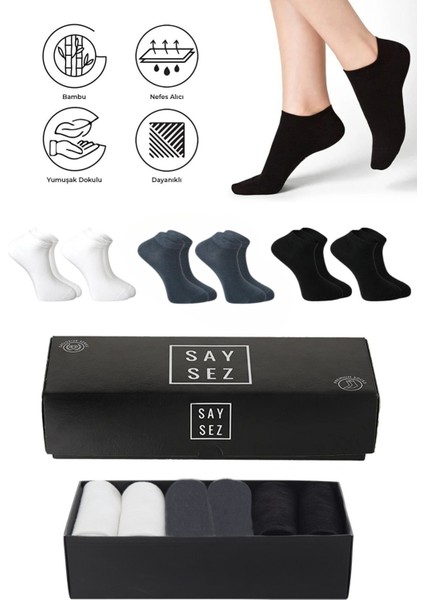 Bambu Erkek Patik Düz Siyah-Beyaz-Füme Renkli Çorap Dikişsiz Premium Kutulu 6'lı