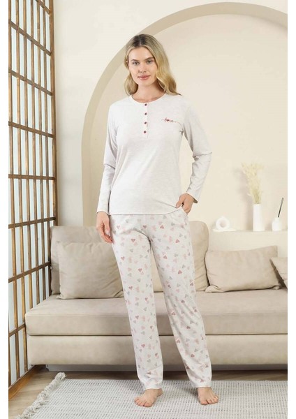 Kadın Gri Kalp Desenli Düğmeli Likralı Viskon Uzun Kol Cepli Pijama Takımı