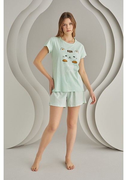 Nbb %100 Pamuklu Baskılı Kısa Kollu Yazlık Kadın Pijama Takımı Yeşil modelleri